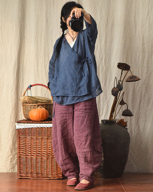 Vintage Cross Tie Keten Bluz