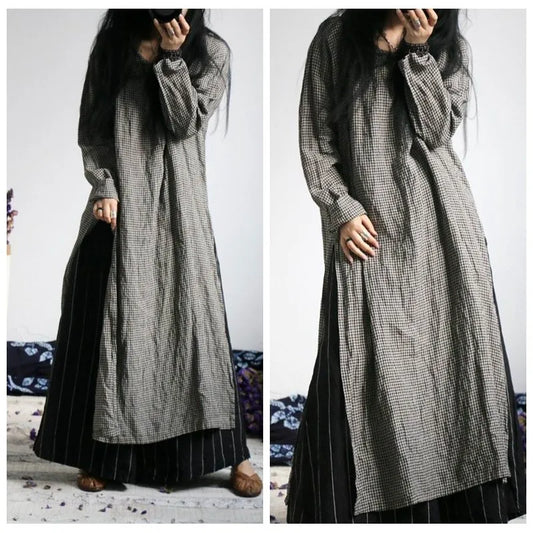Vintage Ekose Keten Elbise-Tunik