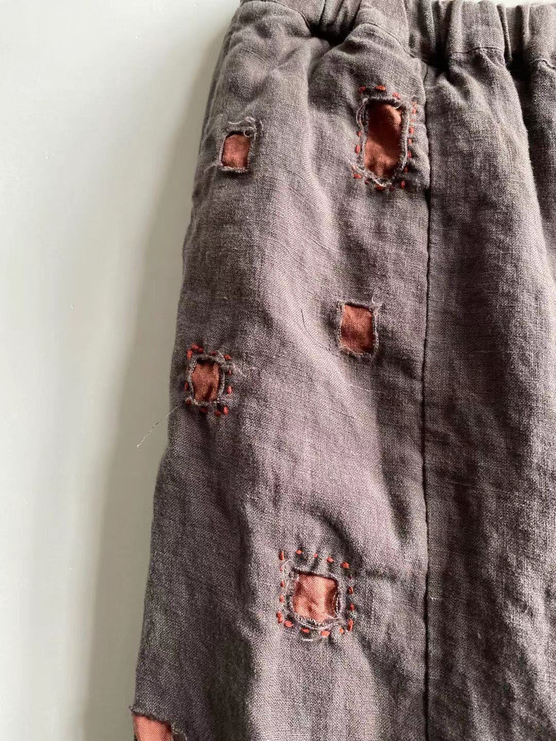 Vintage Patchwork Bol Paça Keten Pantolon