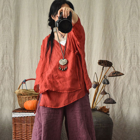 Vintage Cross Tie Keten Bluz