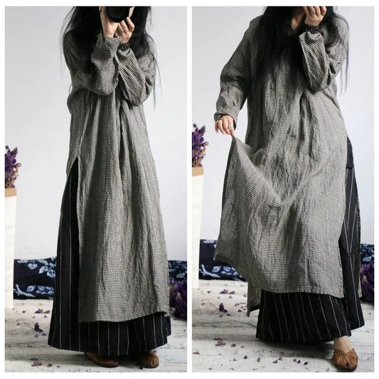Vintage Ekose Keten Elbise-Tunik