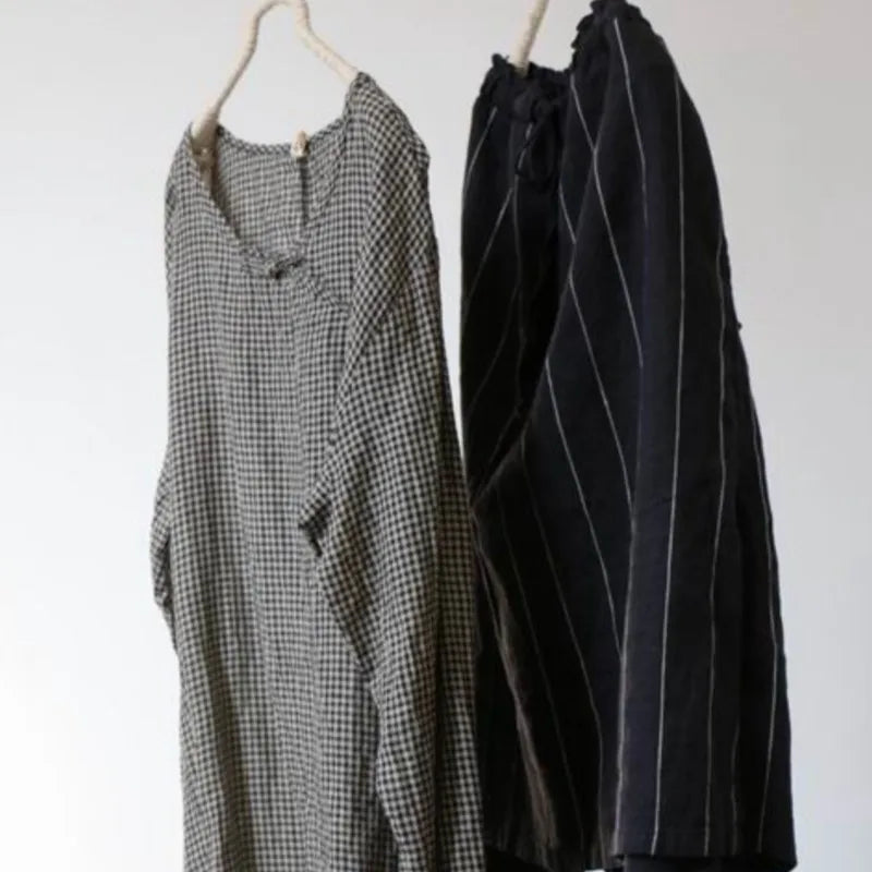 Vintage Ekose Keten Elbise-Tunik