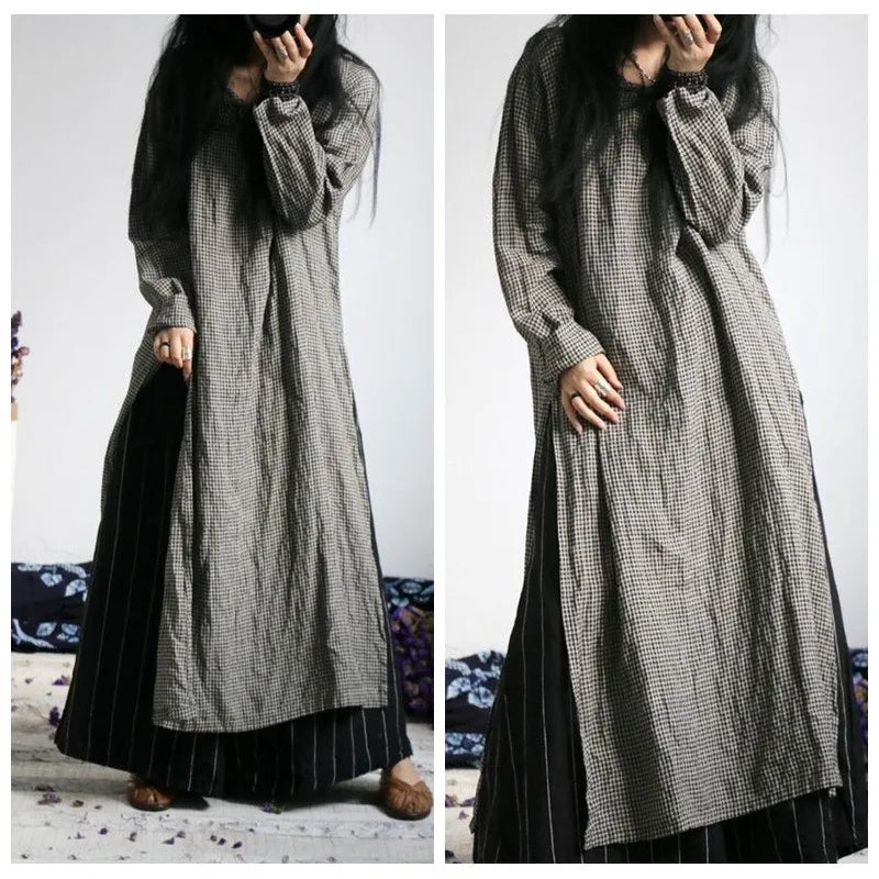 Vintage Ekose Keten Elbise-Tunik