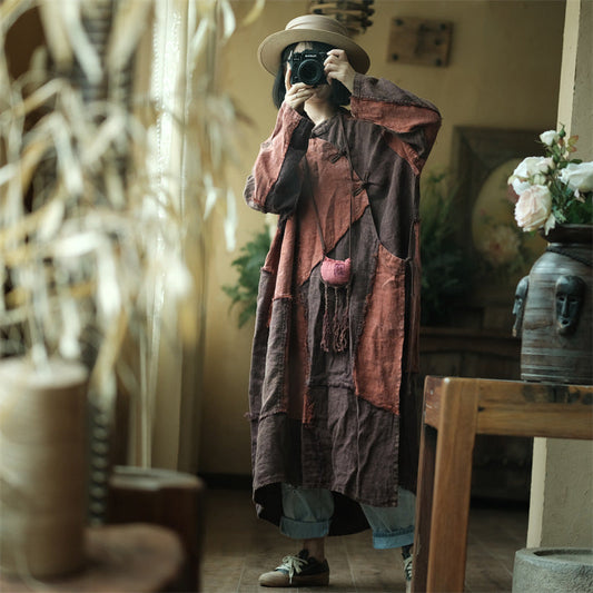 Vintage Patchwork Keten Tunik Elbise