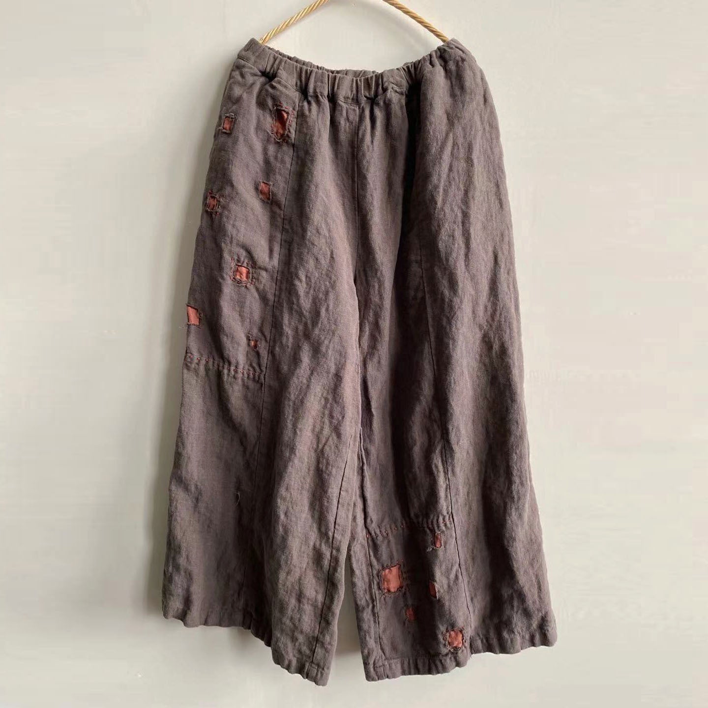 Vintage Patchwork Bol Paça Keten Pantolon