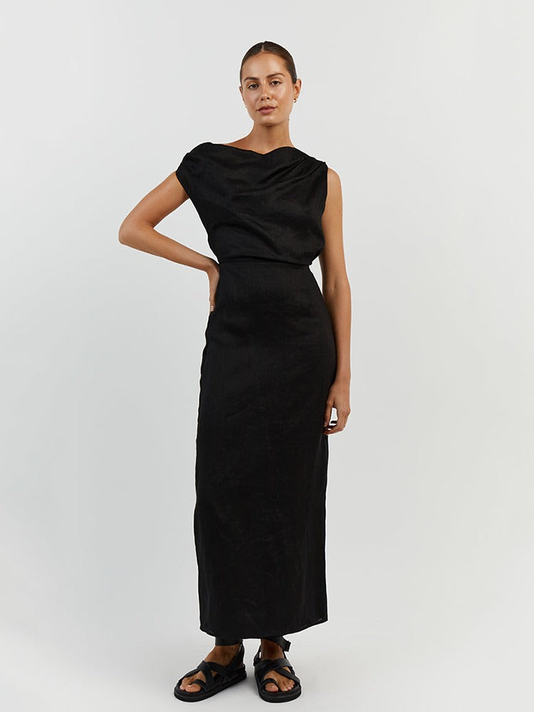 Elegant %100 Keten Asimetrik Elbise