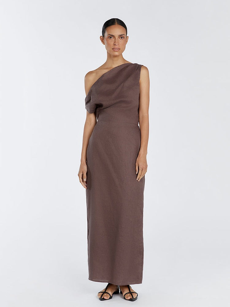 Elegant %100 Keten Asimetrik Elbise